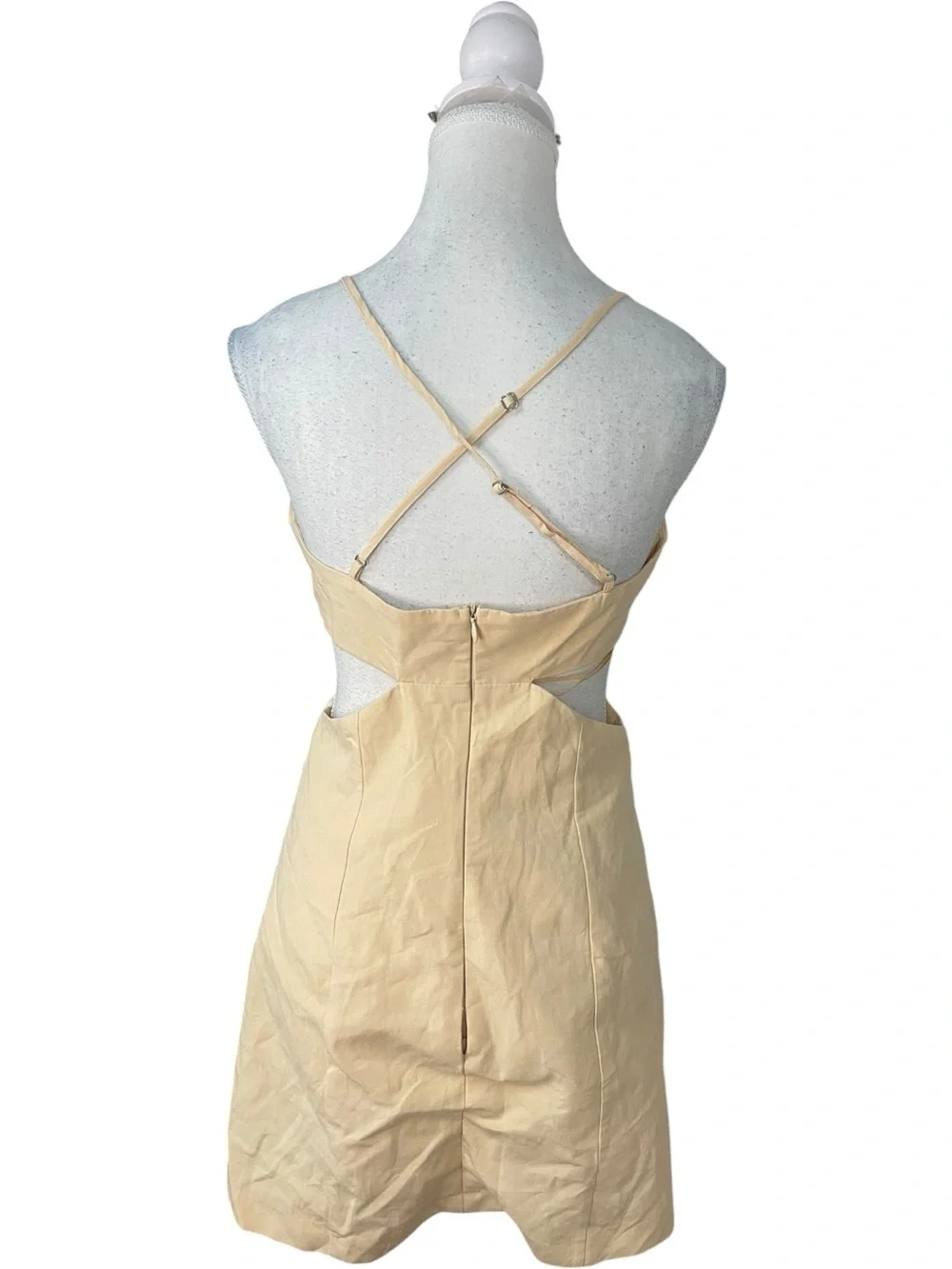 Zara Cutout Ruched Linen Mini Dress Tan Peach